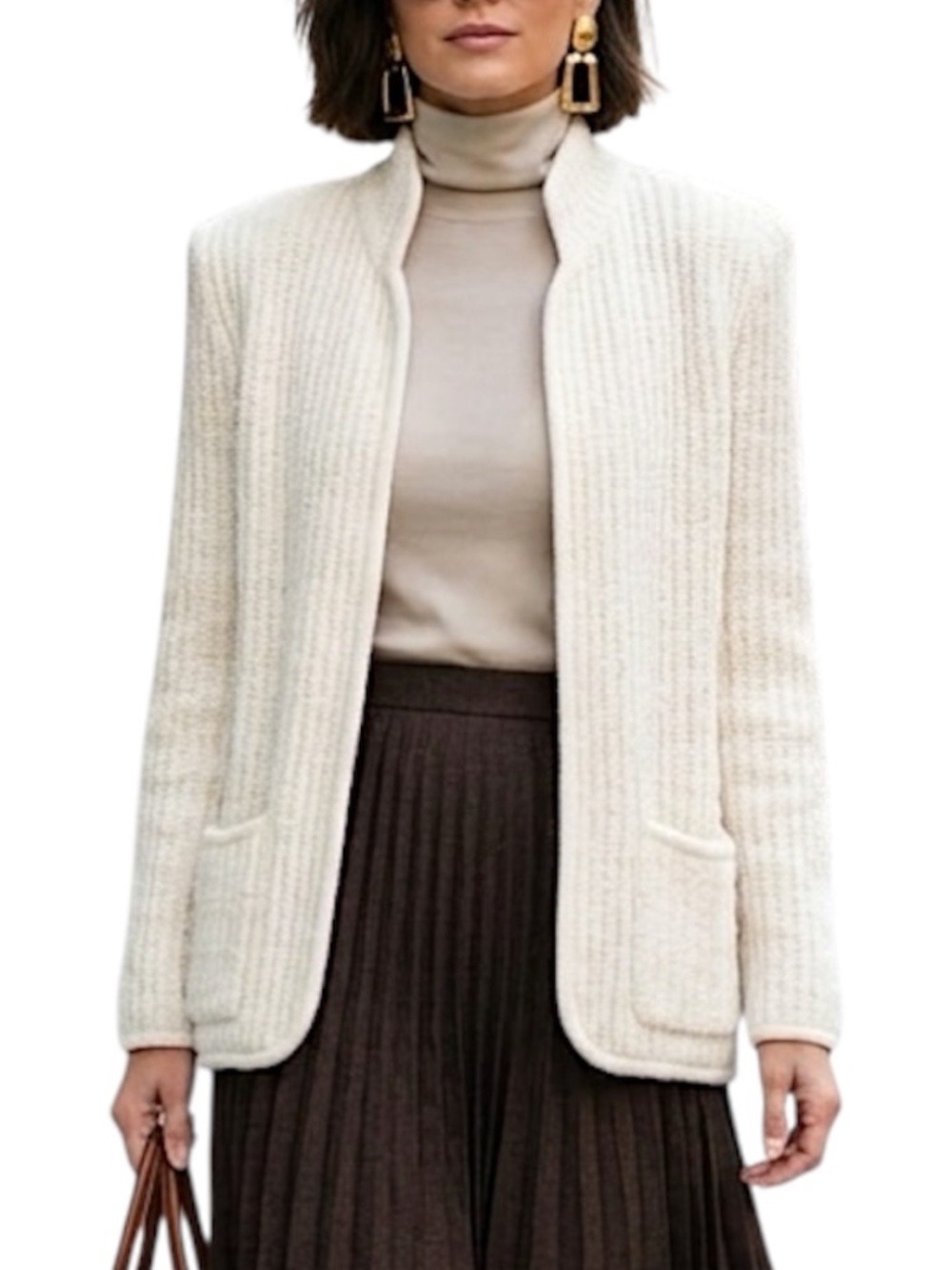 Vintage 80s 90s cream open front fuzzy boucle padded shoulder granny sweater M